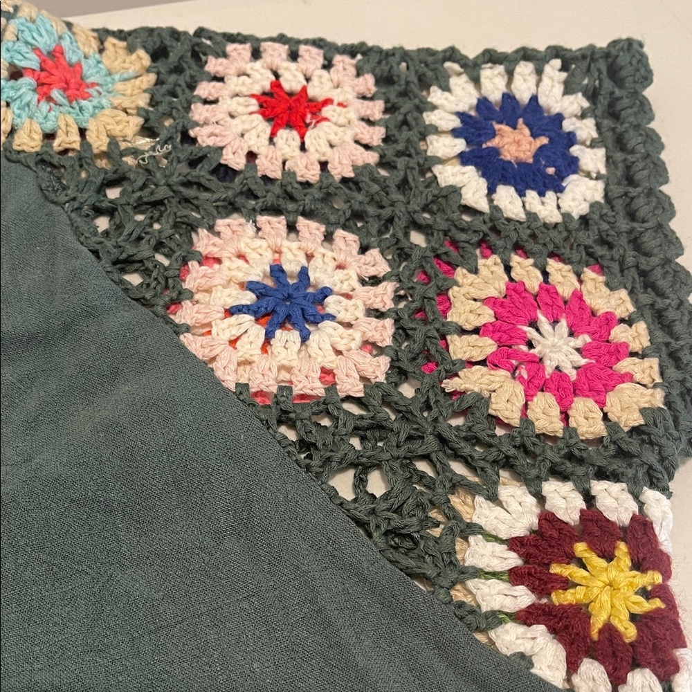 Hippy 70s Retro Crochet Linen Blend Top Granny Square Crochet Sleeves Size Small - Picture 5 of 14